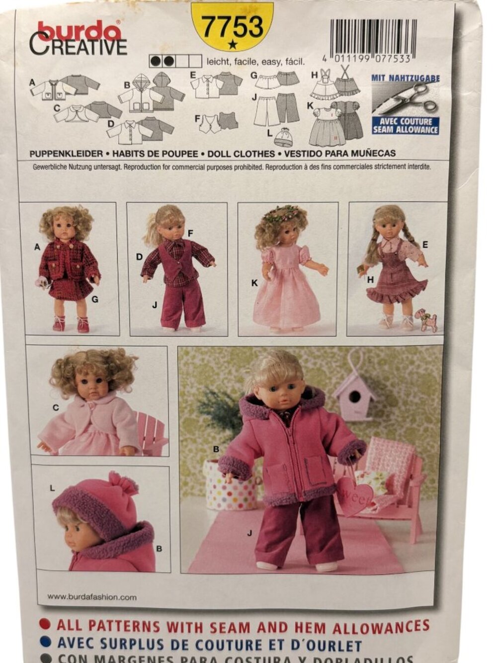 Burda Creative 7753 Doll Clothes Sewing Pattern For 18" Dolls